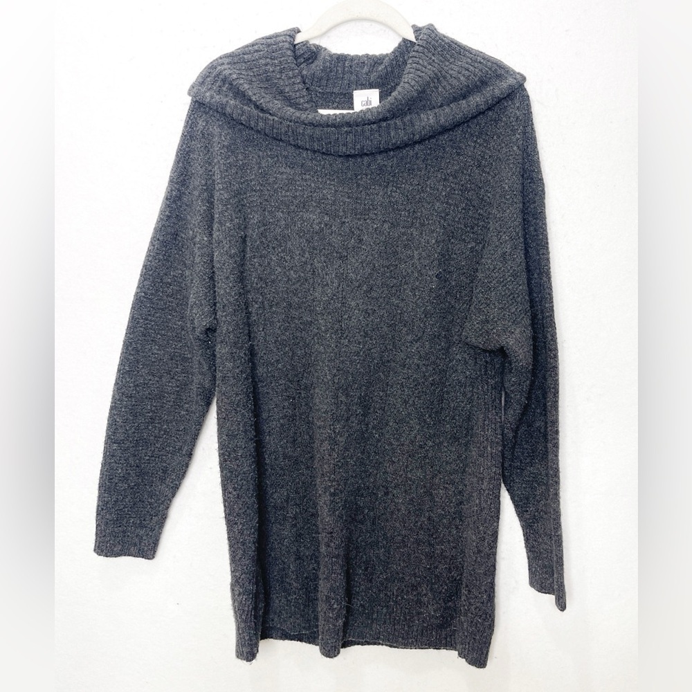 CAbi #4096 Heathered Gray Long Vowl Neck Sweater Cotton Blend Size Large